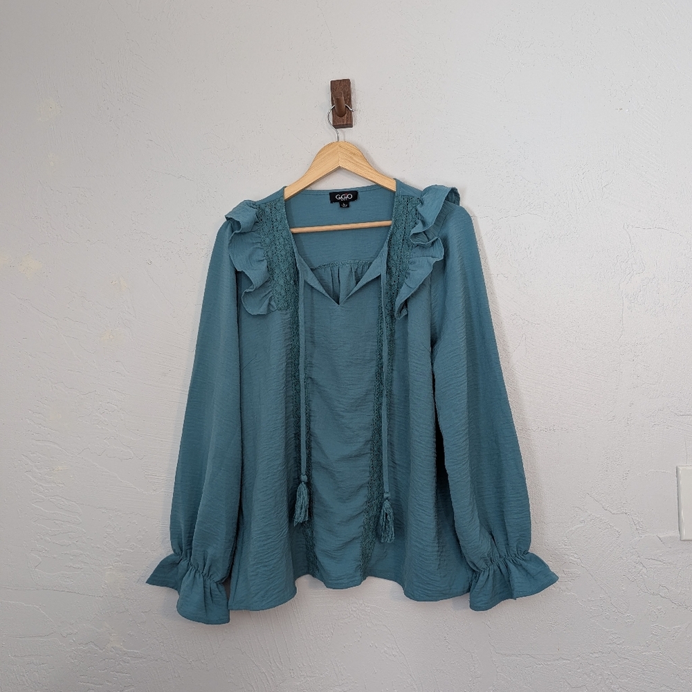 Teal Ruffle Boho Chic Cottage Romantic Peasant Blouse Business Casual Office